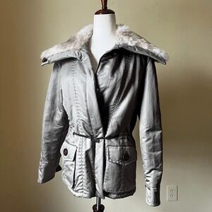 Cinzia Rocca Zip Up Nylon Coat With‎ Rabbit Fur Collar Silver Gray 10 Medium